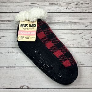 Muk Luk Short Cabin Socks Women 5-7 Red Plaid Lined Buffalo Check Ankle Non Skid